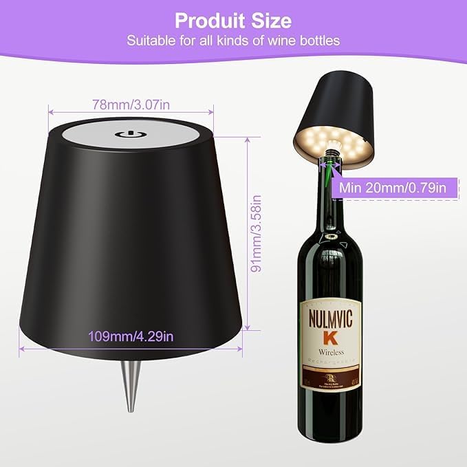 Wireless Bottle Lamp Shade with 3 Color Temperature, Rechargeable Stepless Dimming LED Wine Bottle Lights for Any Bottle, Desk Lamp for Bedroom Restaurant